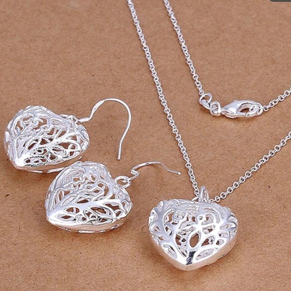 Jewelry - 925 Silver Hollow Heart Earrings and Necklace Jewelry Set
